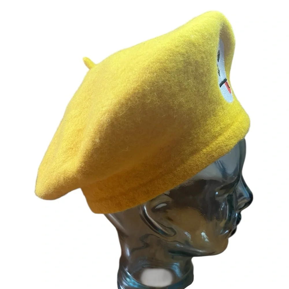 Mustard yellow wool beret with face, 60s vintage - Picture 3 of 7